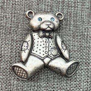 Teddy Bear Pin Brooch As Is Blue Rhinestone Eyes Silver Pewter Vest Patches